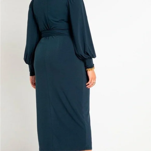 Eloquii Elegant Long Sleeve Wrap Waist Dress in Navy - Picture 3 of 9